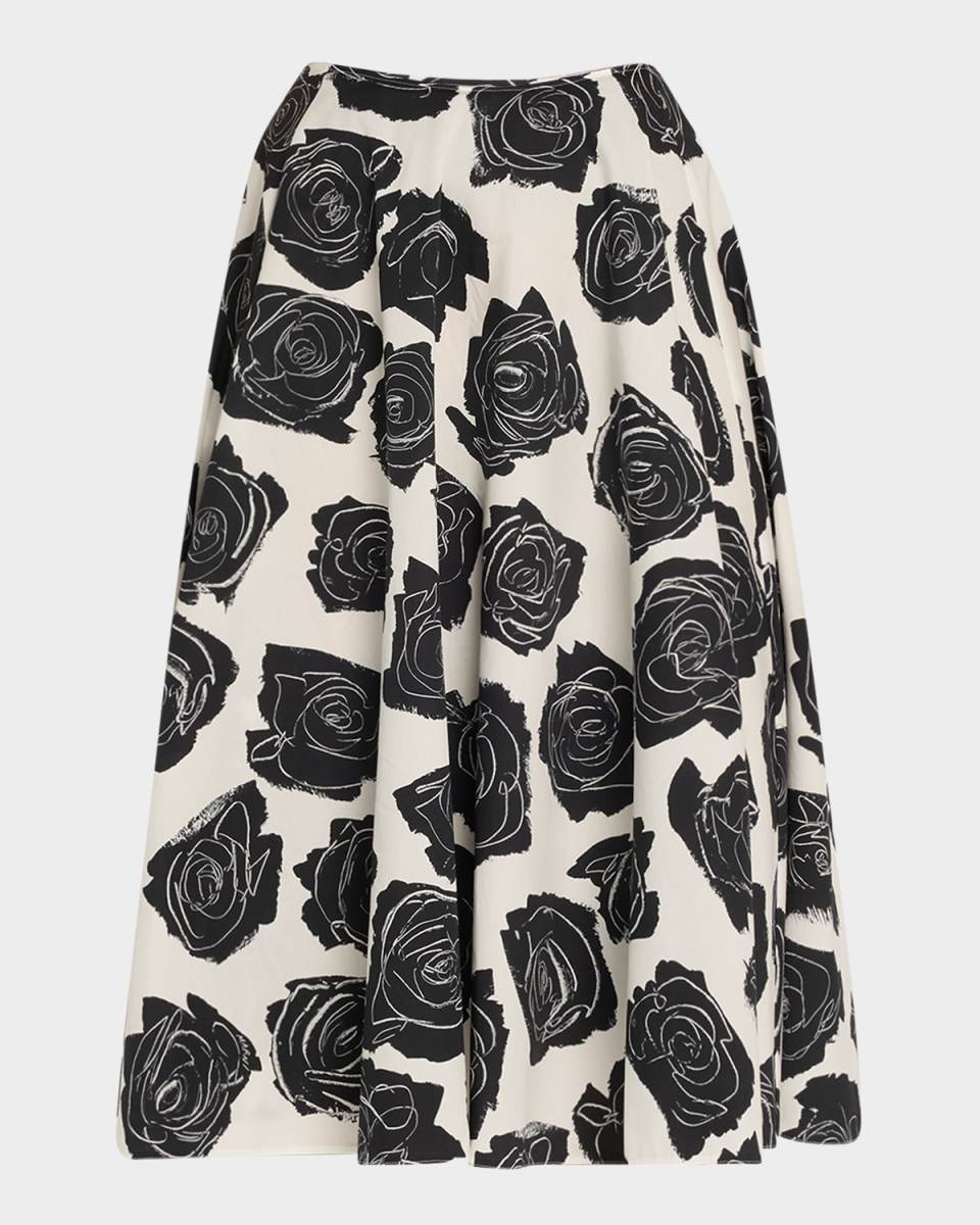 Rose-Printed Flare Midi Skirt